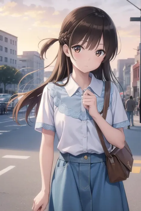 mizuharachizuru, <lora:chizuruichinosepopochichi-lora-nochekaiser:1>,
chizuru ichinose popochichi, long hair, brown hair, (brown eyes:1.5), (one side up:1.5), bangs, braid, hair braid,
BREAK shirt, short sleeves, puffy sleeves, collared shirt, white collar, pink shirt, skirt, blue skirt,
BREAK outdoors, city,
BREAK looking at viewer, (cowboy shot:1.5),
BREAK <lyco:GoodHands-beta2:1>, (masterpiece:1.2), best quality, high resolution, unity 8k wallpaper, (illustration:0.8), (beautiful detailed eyes:1.6), extremely detailed face, perfect lighting, extremely detailed CG, (perfect hands, perfect anatomy),