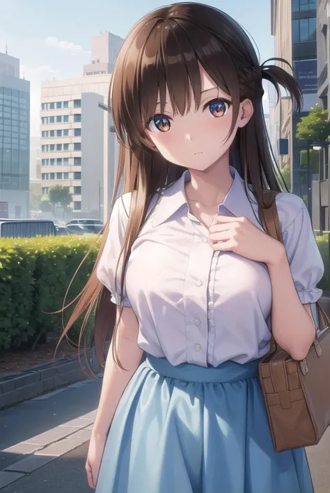 mizuharachizuru, <lora:chizuruichinosepopochichi-lora-nochekaiser:1>,
chizuru ichinose popochichi, long hair, brown hair, (brown eyes:1.5), (one side up:1.5), bangs, braid, hair braid,
BREAK shirt, short sleeves, puffy sleeves, collared shirt, white collar, pink shirt, skirt, blue skirt,
BREAK outdoors, city,
BREAK looking at viewer, (cowboy shot:1.5),
BREAK <lyco:GoodHands-beta2:1>, (masterpiece:1.2), best quality, high resolution, unity 8k wallpaper, (illustration:0.8), (beautiful detailed eyes:1.6), extremely detailed face, perfect lighting, extremely detailed CG, (perfect hands, perfect anatomy),