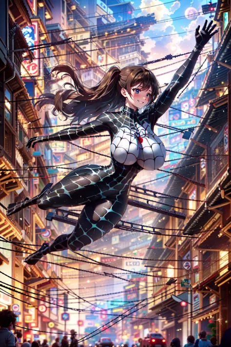 1girl, solo, ((highest detailed city street background:1.4)), ((city street-exterior:1.4)), ((cars parked on side of street:1.4)), ((civillians:1.4)), ((stormy night:1.4)), ((raining:1.4)), ((lightning striking in the distance:1.4)), ((backlighting:1.4)), ((new moon:1.4)), (((epic-Ultra-HD-details, epic-Ultra-HD-highlights, upscaled-resolution, optimal))), ((highest quality:1.4, ultra detailed, uhd, 8k, beautifully detailed face, beautifully detailed body)), (((relaxed:1.4))), <lora:chizuru ichinose s1-lora-nochekaiser:1>, (( ((chizuru ichinose, long hair, ((one hair bang:1.4)), brown hair:1.4, (brown eyes:1.5), ((one hair bang one side up:1.4)), flustered smile)), ((<lora:black Spider Man costume_20231118023759:0.8>, black Spider Man costume, skin tight, spider web print, gloves)), ((wet clothes:1.3)), (blush:0.8), drunk, aroused)), ((is 5 foot 10 inches tall:1.4)), <lora:Gigantic_Breasts_FefaAIart_v2:1.0>, ((huge breasts:1.3)), (huge hips:1.3), (wide hips), (thick thighs), (huge thighs:1.3), (large ass:1.4), ((highest detailed body:1.4, highest detailed skin:1.4)), ((hanging onto web string with hands to suspend herself midair:1.4)), ((looking at viewer:1.4)), ((full body view:1.4)), (((from front:1.4))), (perfect hands, perfect legs, perfect anatomy:1.4), <lora:ostris_detailSlider_v40:3>,