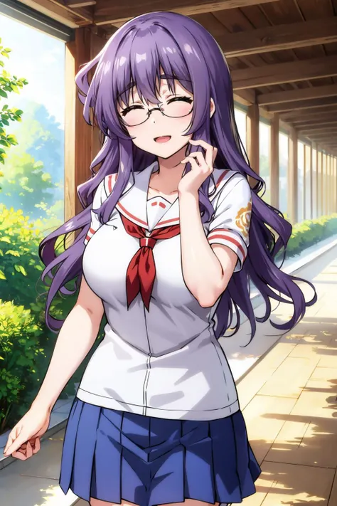 masterpiece, best quality, 1girl, <lora:ichinoseyayoi-nvwls-v1-000009:0.9> ichinoseyayoi, glasses, closed eyes, large breasts, blue serafuku, sailor collar, pleated skirt, hallway, :D, looking at viewer