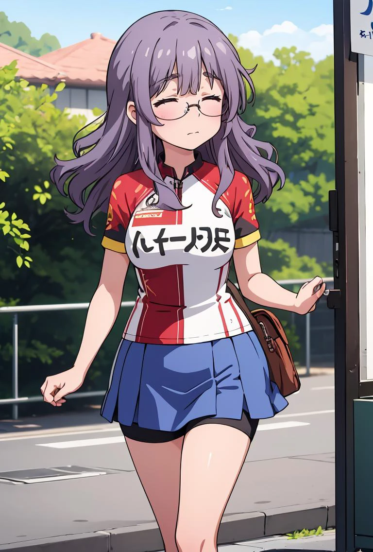 (masterpiece, best quality), 1girl, <lora:ichinoseyayoi-nvwls-v1:0.8> ichinoseyayoi, closed eyes, glasses, red and black shirt, short sleeves, clothes writing, blue skirt, shorts under skirt