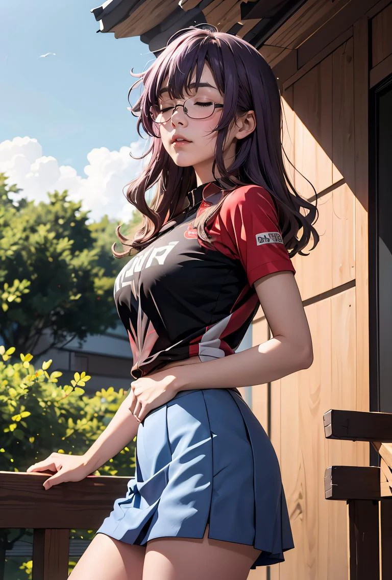 (masterpiece, best quality), 1girl, <lora:ichinoseyayoi-nvwls-v1:0.8> ichinoseyayoi, closed eyes, glasses, red and black shirt, short sleeves, clothes writing, blue skirt, shorts under skirt