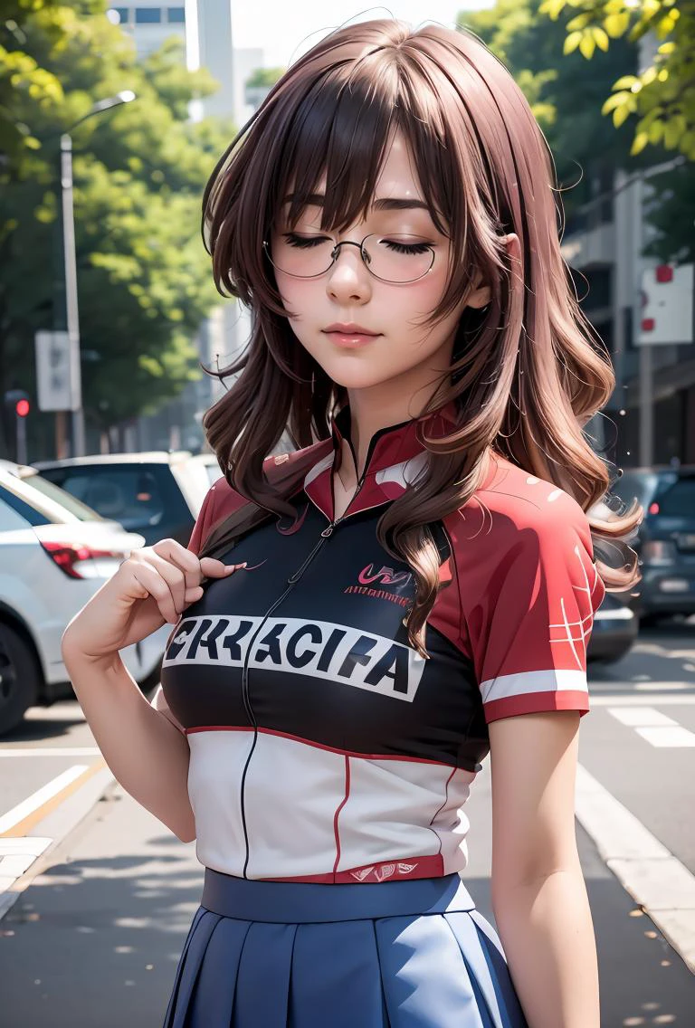 (masterpiece, best quality), 1girl, <lora:ichinoseyayoi-nvwls-v1:0.8> ichinoseyayoi, closed eyes, glasses, red and black shirt, short sleeves, clothes writing, blue skirt, shorts under skirt