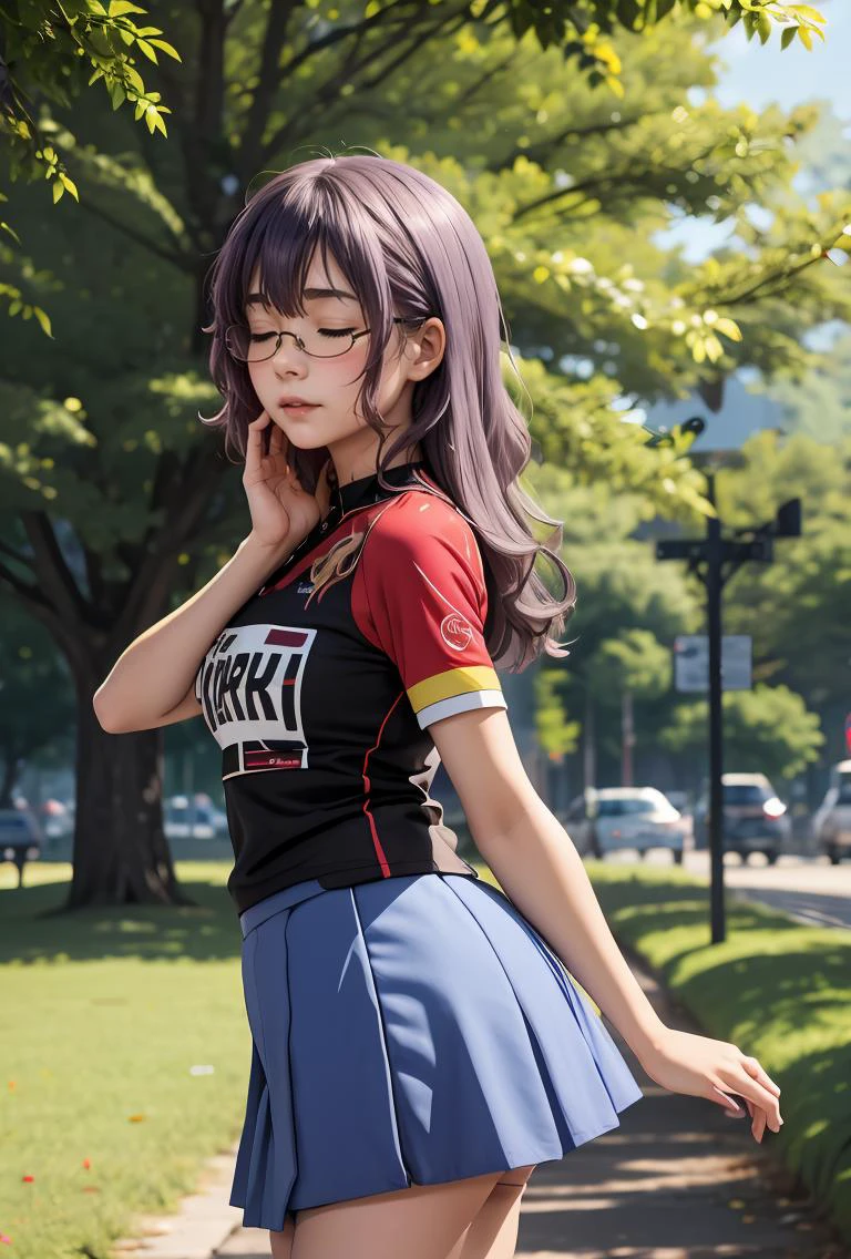 (masterpiece, best quality), 1girl, <lora:ichinoseyayoi-nvwls-v1:0.8> ichinoseyayoi, closed eyes, glasses, red and black shirt, short sleeves, clothes writing, blue skirt, shorts under skirt