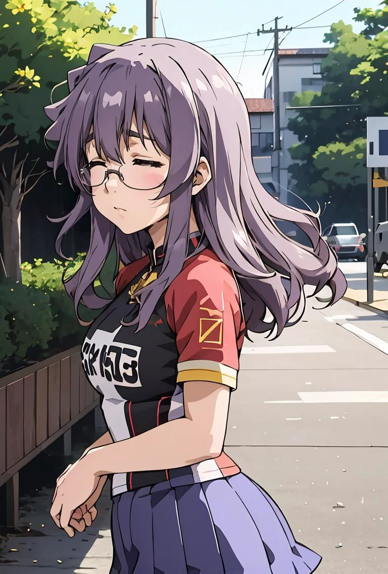 (masterpiece, best quality), 1girl, <lora:ichinoseyayoi-nvwls-v1:0.8> ichinoseyayoi, closed eyes, glasses, red and black shirt, short sleeves, clothes writing, blue skirt, shorts under skirt