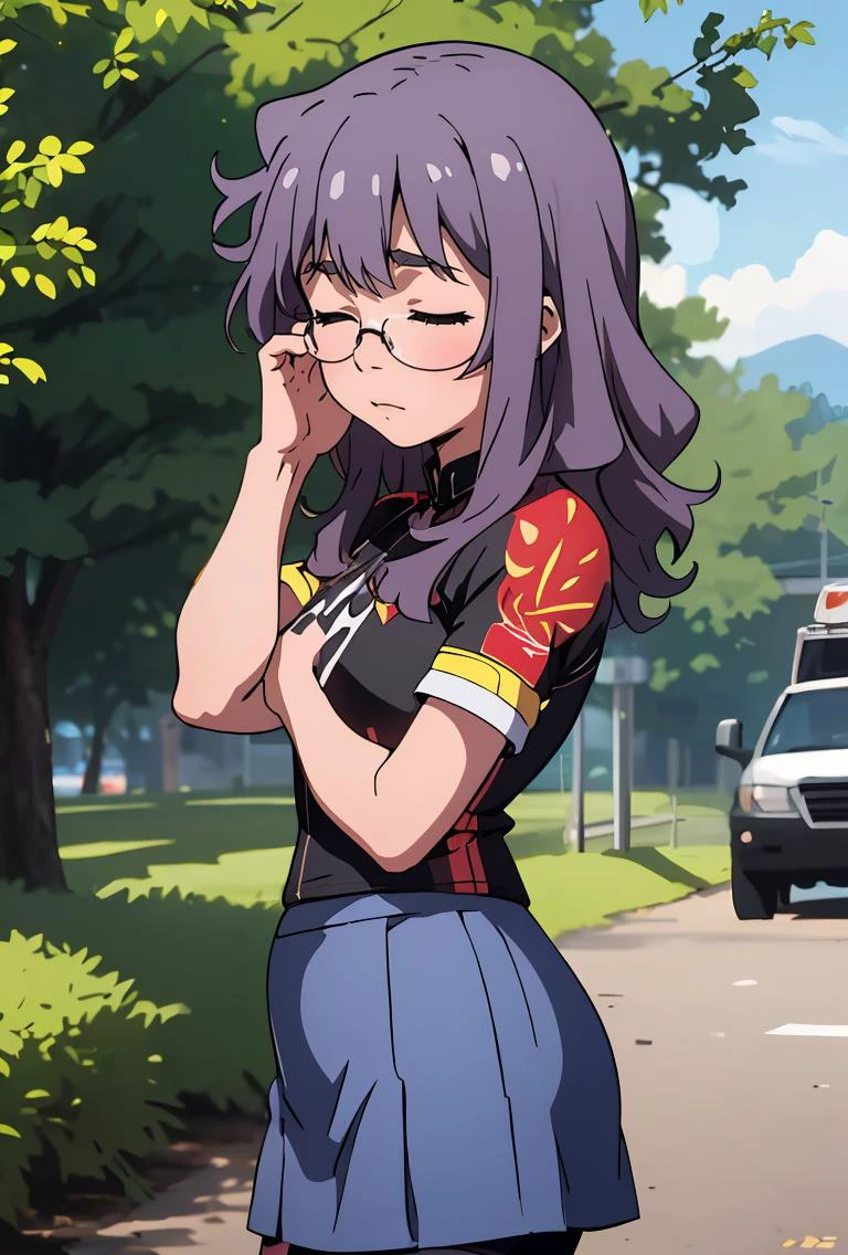 (masterpiece, best quality), 1girl, <lora:ichinoseyayoi-nvwls-v1:0.8> ichinoseyayoi, closed eyes, glasses, red and black shirt, short sleeves, clothes writing, blue skirt, shorts under skirt