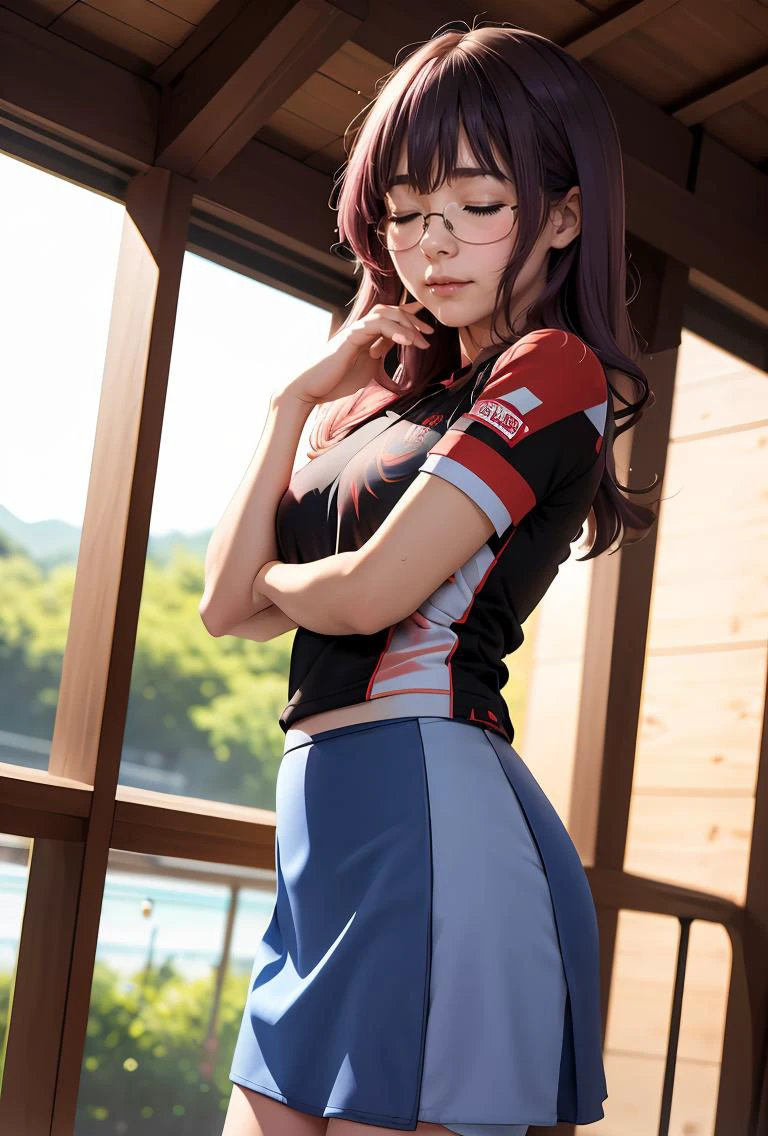 (masterpiece, best quality), 1girl, <lora:ichinoseyayoi-nvwls-v1:0.8> ichinoseyayoi, closed eyes, glasses, red and black shirt, short sleeves, clothes writing, blue skirt, shorts under skirt