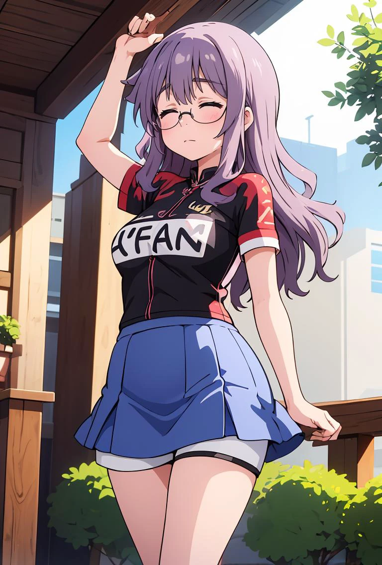 (masterpiece, best quality), 1girl, <lora:ichinoseyayoi-nvwls-v1:0.8> ichinoseyayoi, closed eyes, glasses, red and black shirt, short sleeves, clothes writing, blue skirt, shorts under skirt