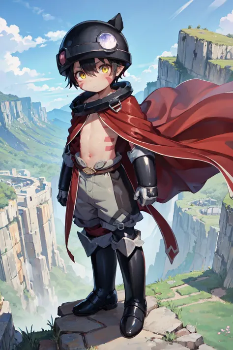 masterpiece,best quality,1boy,regu (made_in_abyss),black hair,yellow eyes,helmet,red cape,metal boots,facial mark,body markings,standing,valley,cliff,<lora:CHAR-Made In Abyss-Reg-V1-kenidk:0.9>,