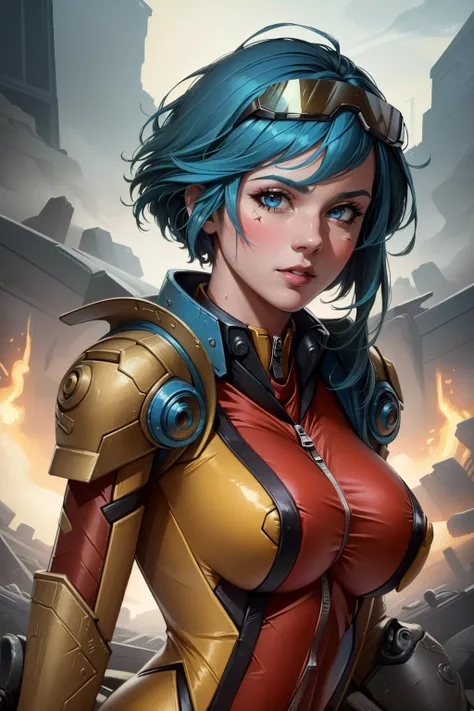 (Masterpiece:1.4), (best quality:1.2), detailed face, <lora:Neon_Strike_VI-000019:1>, neonstrikevi, 1girl, blue hair, bodysuit, mechanical arms, shoulder armor, zipper, upper body, potrait, goggles on head