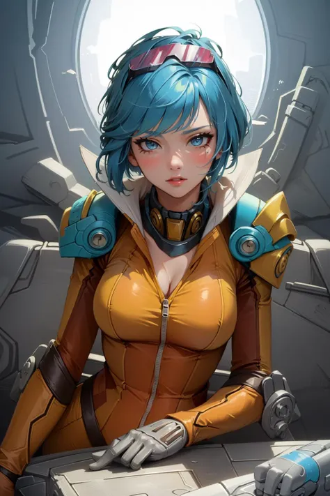 (Masterpiece:1.4), (best quality:1.2), detailed face, <lora:Neon_Strike_VI-000019:1>, neonstrikevi, 1girl, blue hair, bodysuit, shoulder armor, zipper, sitting, upper body, potrait, goggles on head