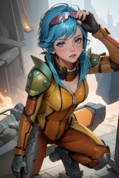 (Masterpiece:1.4), (best quality:1.2), detailed face, <lora:Neon_Strike_VI-000019:1>, neonstrikevi, 1girl, blue hair, bodysuit, shoulder armor, zipper, full body, potrait, goggles on head