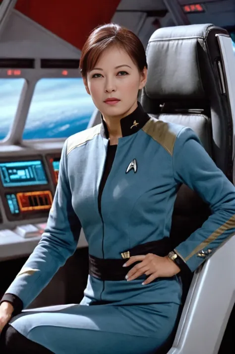 High Fashion, Photorealism <lora:JuliaNicksonSDXL-000009:1>, JuliaNicksonSDXL a woman in star trek uniform, medium straight hair sitting on the bridge of the spaceship enterprise, (ultra-sharp:1.3), Photorealism, often for highly detailed representation, photographic accuracy, or visual illusion., dynamic, dramatic, haute couture, elegant, ornate clothing, High Fashion