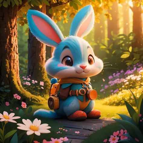 A sunny afternoon in a magical forest where an anthropomorphic bunny explorer encounters forest fairies. Rendered in Pixar style with abundant plants,flowers,idyllic weather,and volumetric lighting during golden hour,detailed,realistic,uhd,high quality,<lora:Cryptids:0.7>,