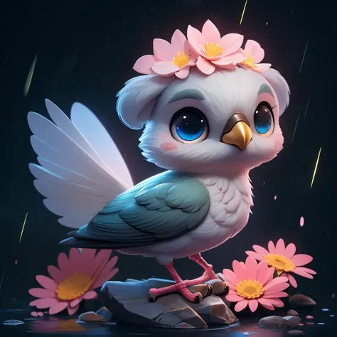 A family of cute little birds gathered in the rain,cute and adorable,filigree,long striped tail,reflective eyes,flowers,rim lighting,lights,extremely fluffy,detailed eyes. magic,surreal,fantasy,digital art,wlop,artgerm and james jean,ultra hd,realistic,vivid colors,highly detailed,UHD drawing,pen and ink,perfect composition,beautiful detailed intricate insanely detailed octane render trending on artstation,8k artistic photography,photorealistic concept art,soft natural volumetric cinematic perfect light,sf,intricate artwork masterpiece,ominous,matte painting poster,golden ratio,trending on cgsociety,intricate,epic,trending on artstation,by artgerm,h. r. giger and beksinski,highly detailed,vibrant,production cinematic character render,ultra high quality model,Miki Asai Macro photography,close-up,hyper detailed,trending on artstation,sharp focus,studio photo,intricate details,highly detailed,by greg rutkowski,<lora:Cryptids:0.8>,