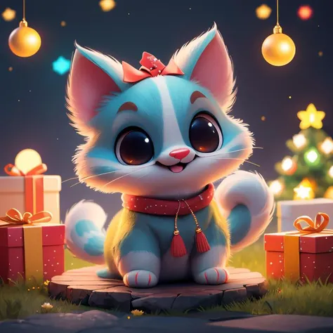 (Masterpiece, Best Quality:1.3),highres,fantasy,official art,animal,cryptids,grass,sky,scenery,(depth of field),Fuji 85mm,colorful,fairytale illustration,colored sclera,black eyes,perfect eyes,looking at viewer,happy,cute,no humans,(cinematic lighting:1.1),cat,whiskers,pawpads,claws,furry,plush,soft,full body,perfect,tail,christmas lights,christmas tree,christmas ornaments,food focus,warmth,<lora:Cryptids:0.8>,