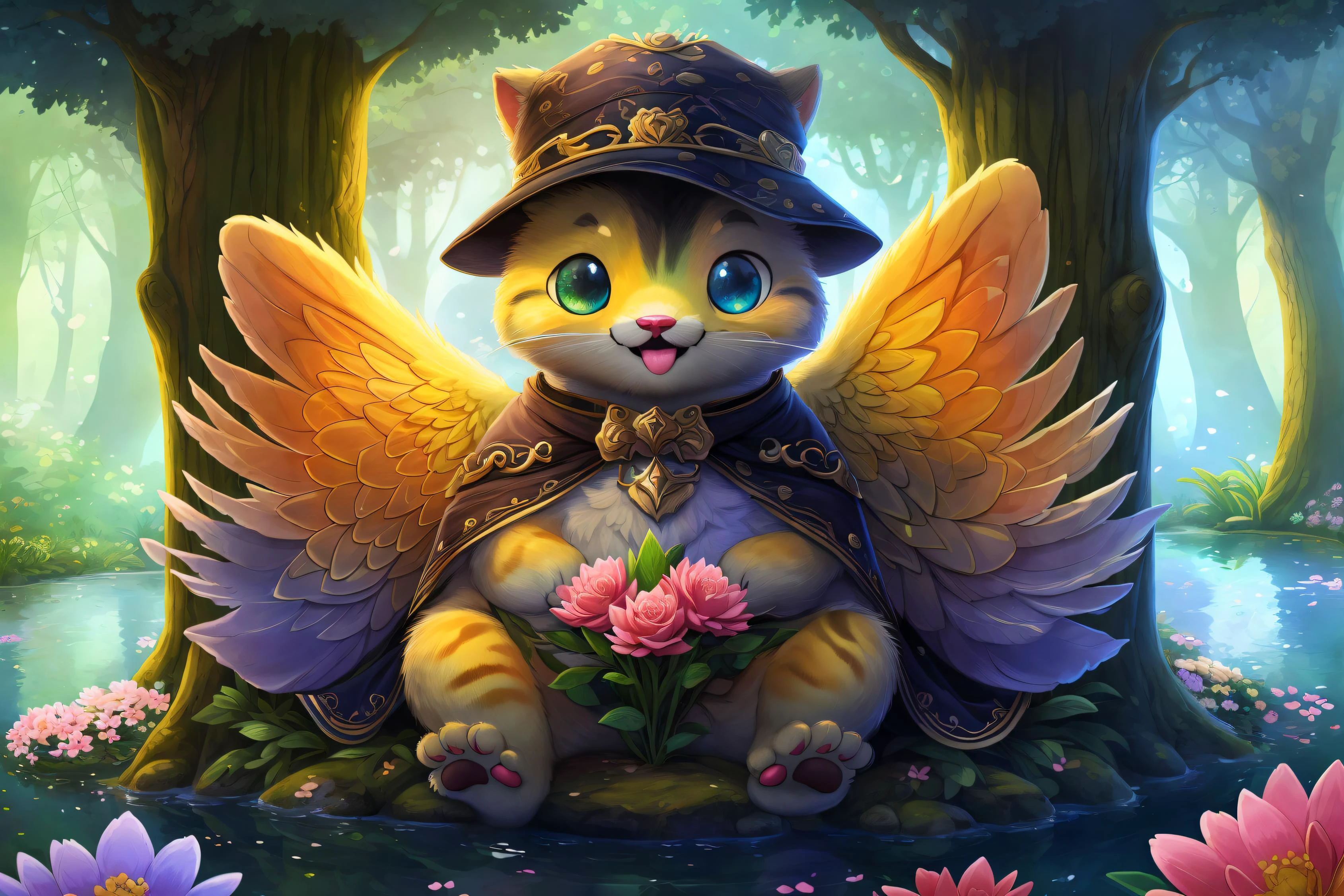 (Masterpiece, Best Quality), highres, (8k), ((solo)), (ultra-detailed portrait), soft lighting:1.1, best illustration, cowboy shot, (centered), official art, dynamic, dynamic pose, (thick lineart), outline, silhouette, sunbeam, (solo), <lora:Cryptids-13:0.7>, cryptids, sharp focus, floating particles, (depth of field), 85mm, solo, (looking at viewer), smile, 1boy, hat, sitting, full body, no humans, , food focus, delicious, happy, holding , cat, paws, sitting, flowers, fantasy, tree, enchanted forest, (Details:1.2), volumetric lighting, HDR, animal focus, pond, water, <lora:artnouveauai_v10:0.3>