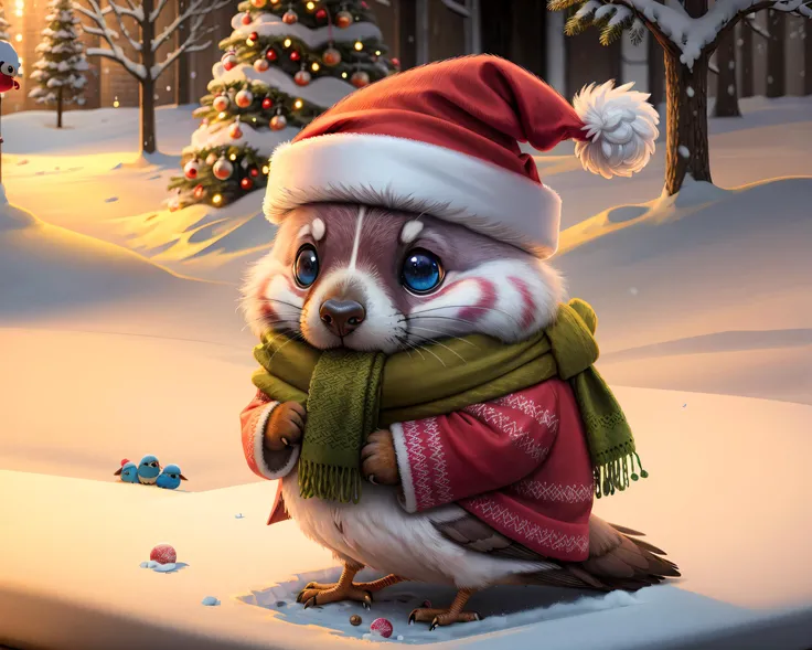 (Masterpiece, Best Quality), highres, (8k resolution wallpaper), soft lighting:1.1, silhouette, sunbeam, sharp focus, floating particles, (depth of field), 85mm, <lora:Cryptids-13:0.8>, cryptids, hat, food, scarf, tree, no humans, fruit, bird, candy, christmas, snow, santa hat, winter, christmas tree, blue scarf, christmas ornaments, candy cane