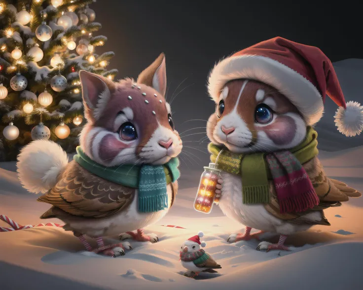 (Masterpiece, Best Quality), highres, (8k resolution wallpaper), soft lighting:1.1, silhouette, sunbeam, sharp focus, floating particles, (depth of field), 85mm, <lora:Cryptids-13:0.8>, cryptids, hat, food, scarf, tree, no humans, fruit, bird, candy, christmas, snow, santa hat, winter, christmas tree, blue scarf, christmas ornaments, candy cane, volumetric lighting, soft, colorful, dramatic, cute , christmas lights:0.4, soft glow:0.3, rabbit nose