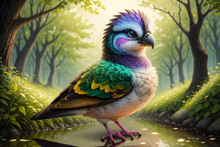 (Masterpiece, Best Quality:1.3), highres, (8k resolution wallpaper), official art, animal, (ultra-detailed portrait), <lora:Cryptids-13:0.8>, cryptids, (depth of field), Fuji 85mm, from below, colorful, fairytale illustration, (no humans), (solo:1.3), full body, pokemon \(creature\), (bird:1.3), feathers, wings, perfect eyes, (shiny), beautiful, cute, (cinematic lighting:1.1), perfect, (details:1.2), warmth, wide shot, animal focus, sharp focus, scenery, extremely detailed background, fantasy, 8k, (blurry background), (shadow), realistic, ((volumetric lighting)), perfect composition, particles:0.4, reflection, grass, tree