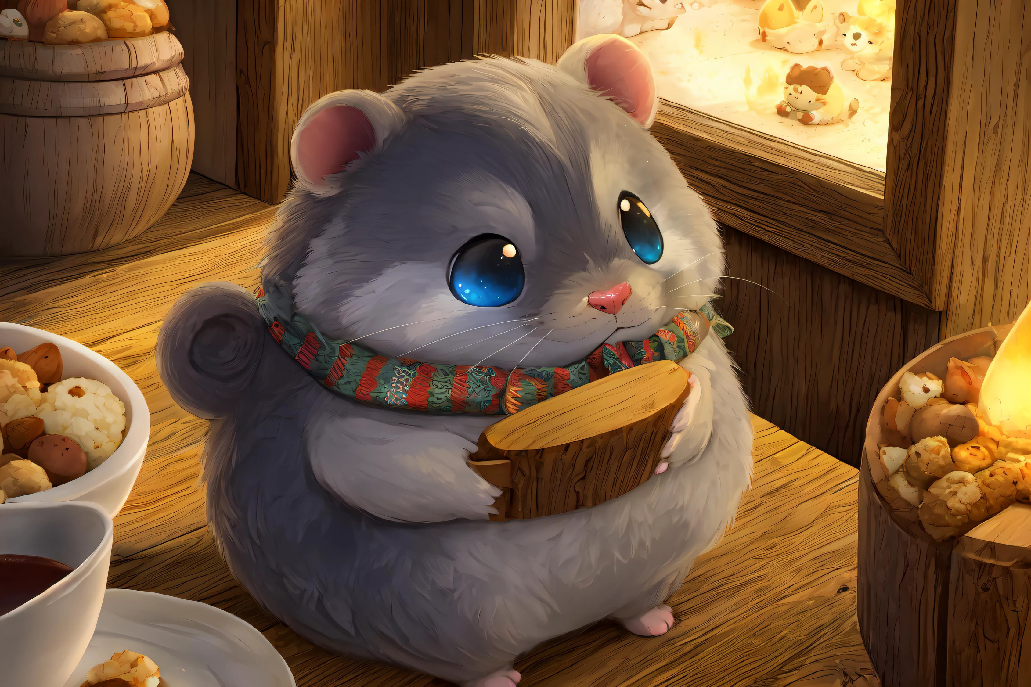 (Masterpiece, Best Quality:1.3), highres, (8k resolution wallpaper), 8k cg unity, fantasy, official art, animal, (ultra-detailed), <lora:Cryptids-13:0.8>, cryptids, (depth of field), Fuji 85mm, from above, colorful, fairytale illustration, (solo:1.2), (hamster), cryptids, holding heart, sitting, full body, indoors, cushion, wood, fireplace, (in container:1.2), window, sky, night, cloud, black eyes, blue sky, no humans, buck teeth, perfect eyes, looking at viewer, cute, food focus, delicious, (no humans), (cinematic lighting:1.1), scarf, perfect, paws, warmth, wide shot, animal focus, sharp focus, scenery, extremely detailed background, fantasy setting, 8k, (blurry background), crumbs, (shadow), realistic, ((volumetric lighting)), perfect composition