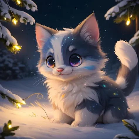 (Masterpiece, Best Quality:1.3),highres,fantasy,official art,animal,cryptids,grass,sky,scenery,(depth of field),Fuji 85mm,colorful,fairytale illustration,colored sclera,black eyes,perfect eyes,looking at viewer,happy,cute,no humans,(cinematic lighting:1.1),cat,whiskers,pawpads,claws,furry,plush,soft,full body,perfect,tail,christmas lights,christmas tree,christmas ornaments,food focus,warmth,<lora:Cryptids:0.8>,