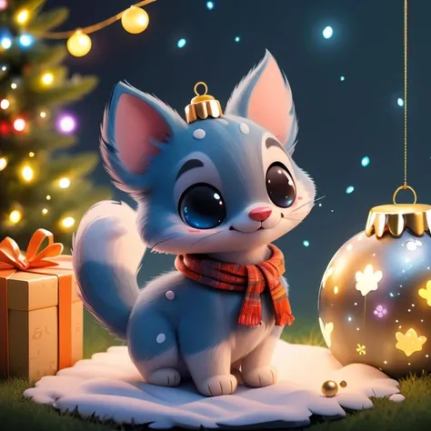 (Masterpiece, Best Quality:1.3),highres,fantasy,official art,animal,cryptids,grass,sky,scenery,(depth of field),Fuji 85mm,colorful,fairytale illustration,colored sclera,black eyes,perfect eyes,looking at viewer,happy,cute,no humans,(cinematic lighting:1.1),cat,whiskers,pawpads,claws,furry,plush,soft,full body,perfect,tail,christmas lights,christmas tree,christmas ornaments,food focus,warmth,<lora:Cryptids:0.8>,