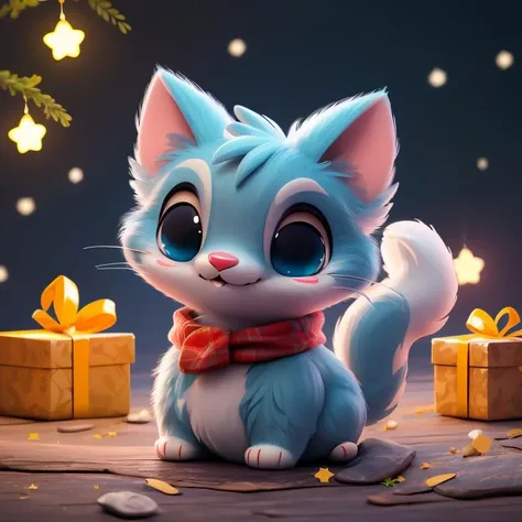 (Masterpiece, Best Quality:1.3),highres,fantasy,official art,animal,cryptids,grass,sky,scenery,(depth of field),Fuji 85mm,colorful,fairytale illustration,colored sclera,black eyes,perfect eyes,looking at viewer,happy,cute,no humans,(cinematic lighting:1.1),cat,whiskers,pawpads,claws,furry,plush,soft,full body,perfect,tail,christmas lights,christmas tree,christmas ornaments,food focus,warmth,<lora:Cryptids:0.8>,