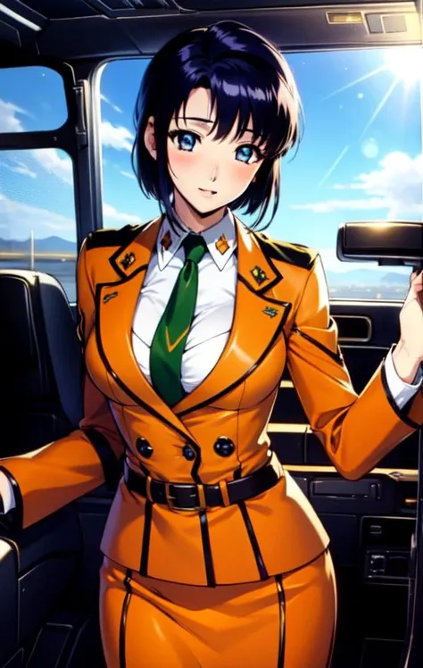 cecile croomy, (cowboy shot:1.2), cleavage,
(short hair, sidelocks, ears visible through hair), blush, 1girl, cockpit, brown military uniform, brown pencil skirt, green necktie,
(masterpiece, best quality, ultra-detailed), (realistic:1.2), (beautiful detailed face, beautiful detailed eyes, volumetric lighting),
mksks style, beautiful background,