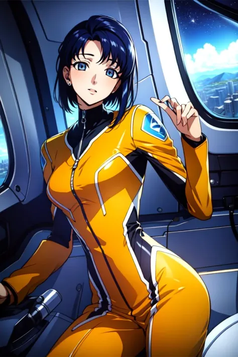 cecile croomy,
solo, 1girl,
(masterpiece, best quality, ultra-detailed), (realistic:1.4), (beautiful detailed face, beautiful detailed eyes, volumetric lighting),
(short hair, sidelocks, ears visible through hair), blush, grey eyes,
pilot suit, bodysuit, yellow dress,
mksks style, beautiful background, spacecraft interior,