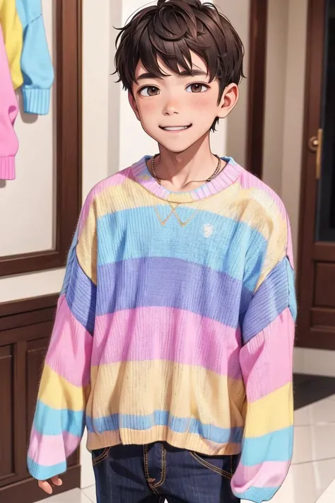 little boy, <lora:p4st3lkn1t:0.69> p4st3lkn1t, long sleeves, pastel striped sweater, sleeves past wrists, male