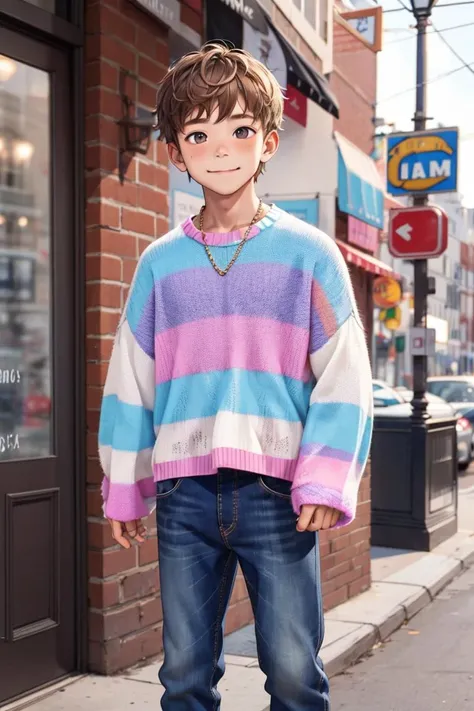 little boy, <lora:p4st3lkn1t:0.69> p4st3lkn1t, long sleeves, pastel striped sweater, sleeves past wrists, male