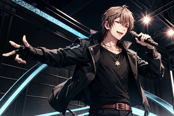 mido torao\(idolish7\), (1boy, solo:1.4), looking at viewer, male focus, bangs, brown hair, red eyes, evil smile, jacket, black gloves, belt, fingerless gloves, shirt, necklace, microphone, singing, midnight, neon lighting
