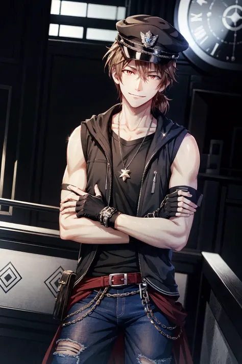 mido torao\(idolish7\), 1boy, solo, looking at viewer, male focus, bangs, brown hair, red eyes, hair between eyes, smile, low ponytail, black hat, collarbone, (sleeveless, bare shoulders:1.2), black gloves, fingerless gloves, white costume, black peaked cap, lens flare, glint, blue pants, chain necklace