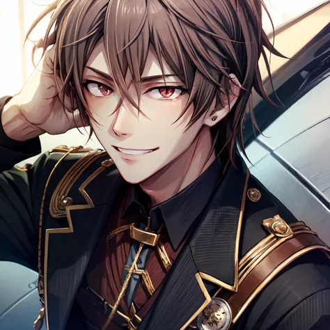 mido torao\(idolish7\), 1boy, solo, looking at viewer, male focus, bangs, brown hair, red eyes, hair between eyes, grin, close-up