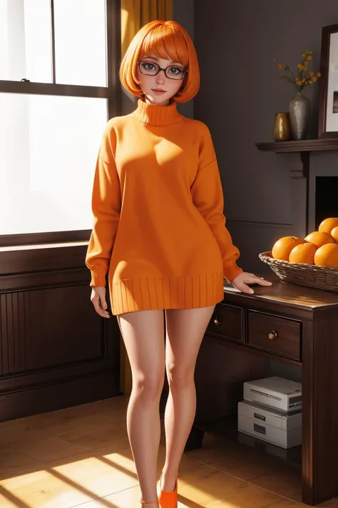 professional photo of xyzvelma, 1girl, beautiful, orange hair, glasses, orange sweater, bob cut, full body shot,
detailed skin, detailed eyes, looking at viewer,
volumetric light, highrez, masterpiece, best quality,
<lora:VRAMsVelmaDaphne640:0.35:MIDD>