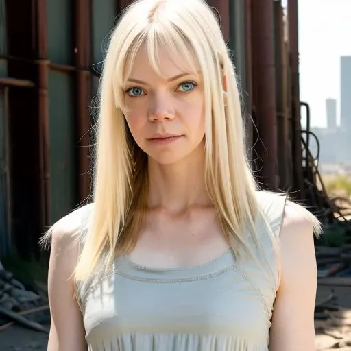 RAW photo, a photo of riki lindhome in wastelander clothes with a serious look on her face, long haircut, pale skin, slim body, background is city ruins, (high detailed skin:1.2), 8k uhd, dslr, soft lighting, high quality, film grain, Fujifilm XT3 <lora:riki lindhome v1.1:0.8>