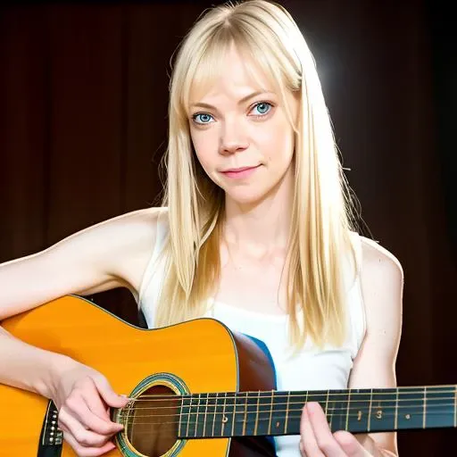 RAW photo, a photo of riki lindhome holding a guitar with a serious look on her face, long haircut, pale skin, slim body, background is stage, (high detailed skin:1.2), 8k uhd, dslr, soft lighting, high quality, film grain, Fujifilm XT3  <lora:riki lindhome v1.1:0.8>