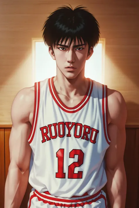 8k,highres,absurdres,masterpiece,best quality,original,extremely detailed CG,extremely detailed wallpaper,perfect lighting,<lyco:GoodHands-beta2:1>,
<lora:Rukawa Kaede:0.5>,rukawa kaede,black hair,black eyes,basketball uniform,1boy,