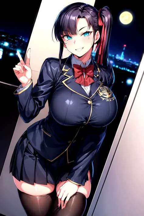 (Night:1.7), Cyberpunk_CityView, Before Window,
standing, dynamic pose, dynamic angle,
saimin seishidou, black hair, red_bowtie, long hair, side ponytail, bangs,
school_uniform,Blue_jacket,, pleated_skirt,thighhighs,black legwear
1girl, solo, (20 years old:1.5),Beautiful Finger,Beautiful long legs,Beautiful body,Beautiful Nose, perfect eyes, perfect face,(beautiful detailed aqua eyes),((mature female:1.1)),((milf:1.1)),make up,parted lips,(shiny skin:1.1),(perfect female body:1.2),(gorgeous detailed skin),(detailed hair),
looking at viewer, ((smile)),
novel illustration,ray_tracing,intricate details,depth of field, extremely delicate and beautiful,
(Beautiful,large breasts:1.4), (beautiful_face:1.5),