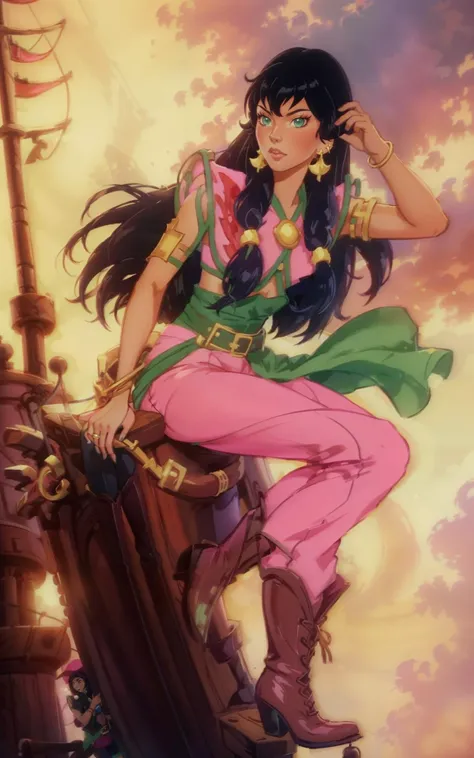 sehele style, <lora:sehele:0.4>, tanned skin, anime, tula, woman, black hair and pink outfit, green eyes, golden earrings, green sash, brown boots, leaning on the edge of a ship, 8k, Unreal Engine 5, octane render, trending on pixiv, fanbox, skeb, masterpiece, smooth soft skin, big dreamy eyes, beautiful intricate colored hair, anime wide eyes, soft lighting, concept art, digital painting, <lora:tula:0.7>