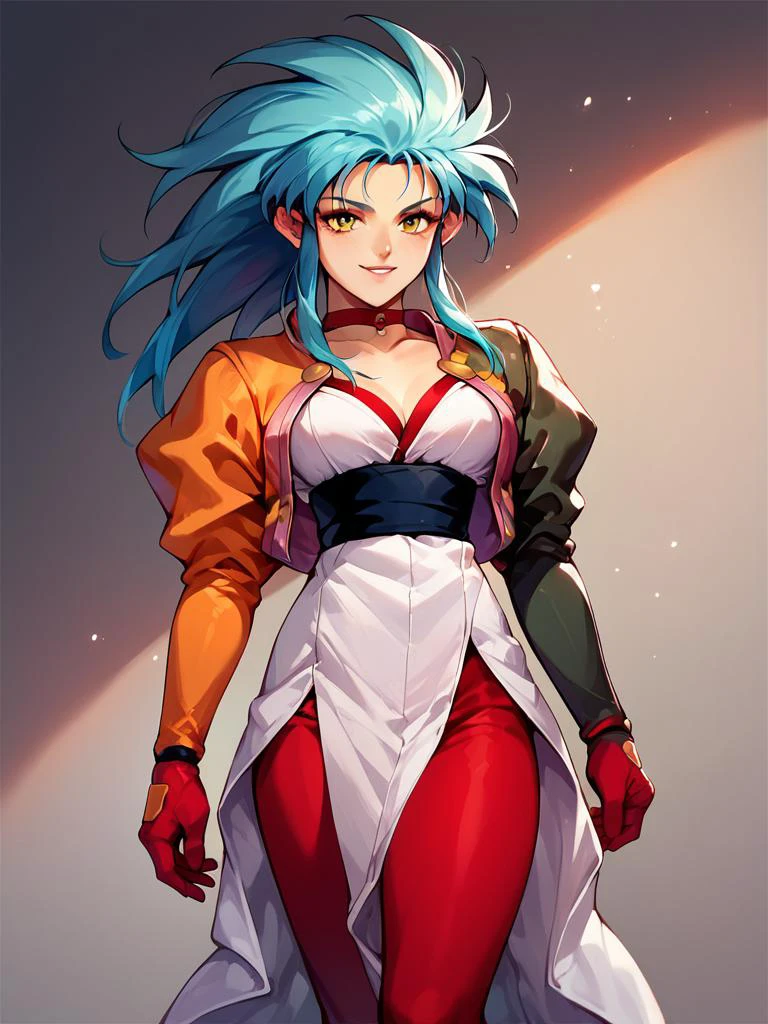 score_9, score_8_up, score_7_up, score_6_up, score_5_up, score_4_up, <lora:Pony_XL_Ryouko:1> ryouko \(tenchi muyou!\), sl33v3s jacket, white dress, red legwear, sash, red gloves red choker,