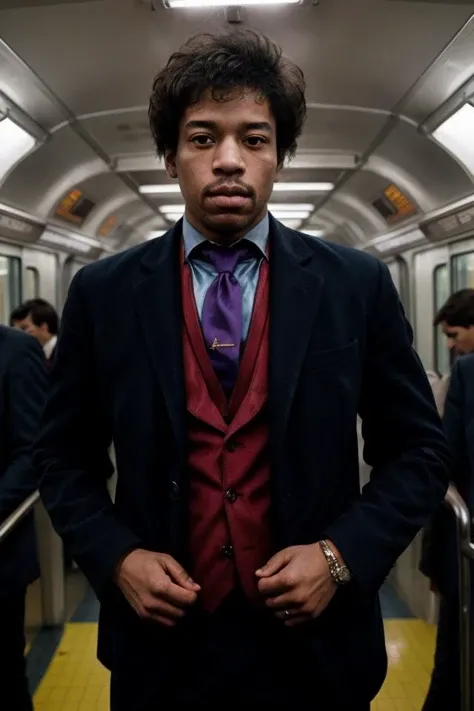 <lora:Jimi:0.8> yJimi, wearing a suit and tie, on the subway, stubble, cinematic lighting