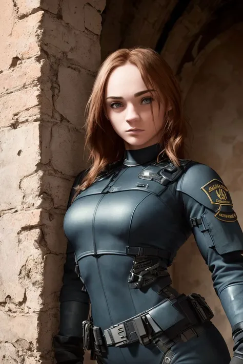 photo of S099_Karina, a beautiful woman, in an (old-ruin), wearing a (kevlar-uniform), (8k, RAW photo, best quality, depth of field, ultra high res:1.2), (absurdres, intricate, photorealistic, masterpiece, ultra-detailed, Unreal Engine:1.3)