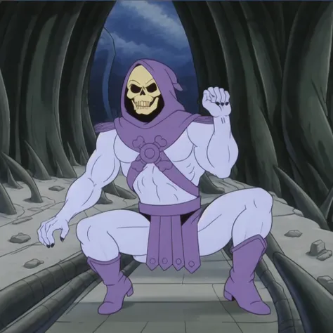 close up, a photo of skeletor wearing big purple boots, garden