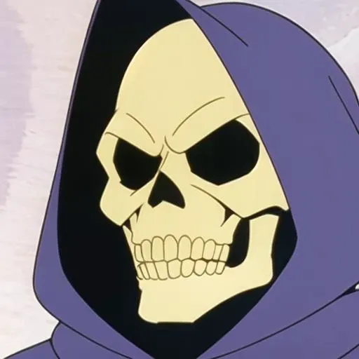 skeletor, close-up, evil_grin, cave, solo