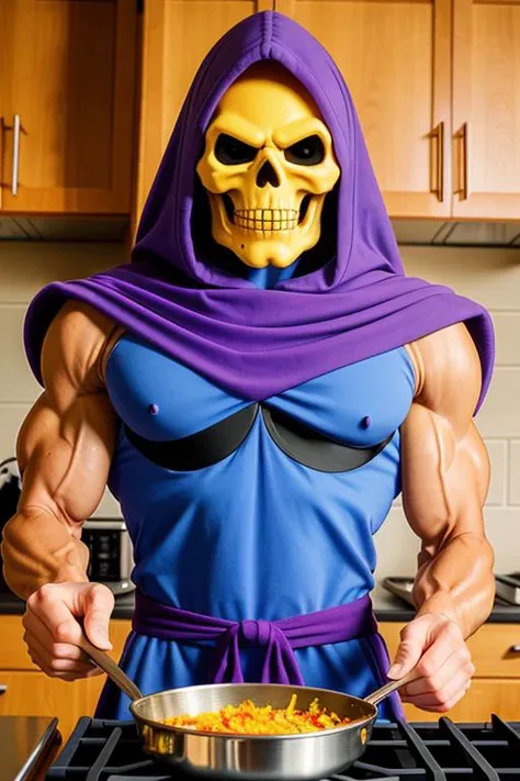 skeletor, close up, cooking food in kitchen
