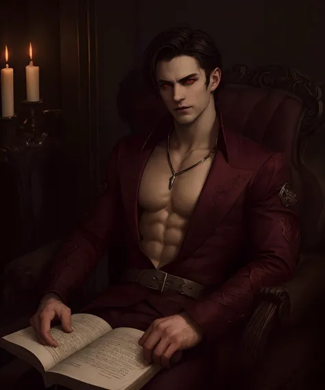 gothic horror, solo male, vampire, evil, sinister, pallid, pale, collarbone, aristocratic, library, study, (red eyes):1.3, dim lighting, sitting, reading, book, claws, stubble, smirk, looking at viewer, dynamic, dramatic, goblet, chest hair, <lora:Twunks:0.6> twunk, toned,