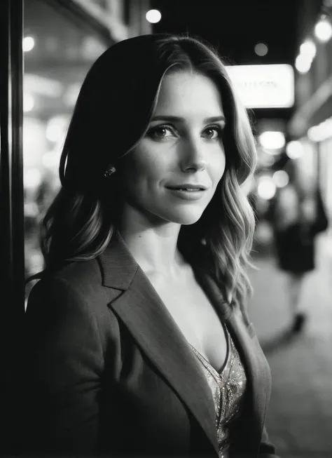 candid RAW close up portrait photo of sks woman in a (purple colored suit:1.0) on a dark street with shopping windows (at night:1.2), bokeh, Ilford Delta 3200 film, dof, high definition, detailed, intricate, flashlight, <lora:locon_sophiabush_v1_from_v1_64_32:1.25>