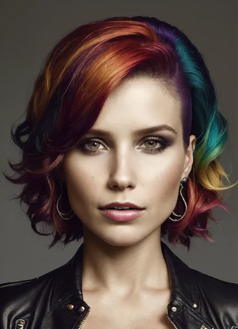 portrait of sks woman by Flora Borsi, style by Flora Borsi, bold, bright colours, rainbow Mohawk haircut, ((Flora Borsi)), <lora:locon_sophiabush_v1_from_v1_64_32:1.25>